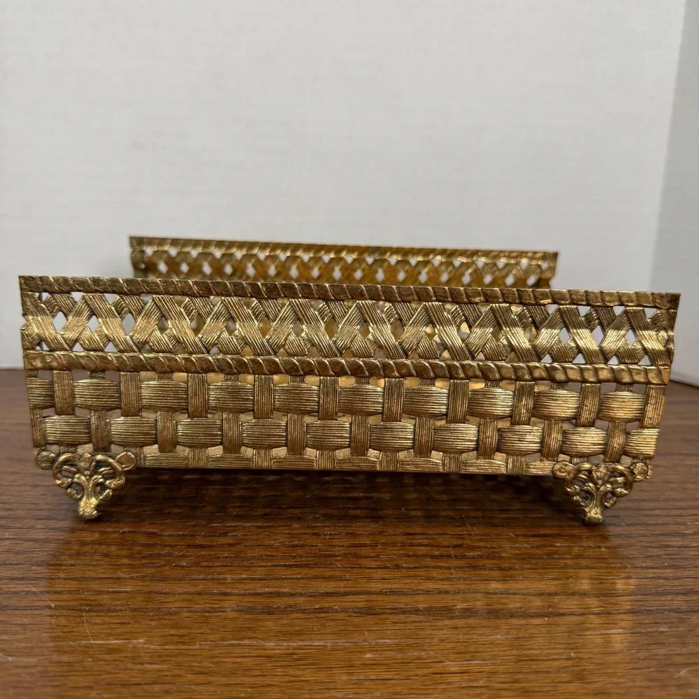 Hollywood Regency Gold Metal Towel Tissue Holder Woven Vanity Bathroom Decor